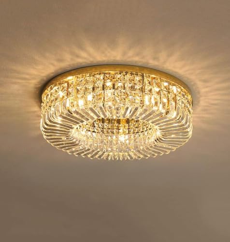 Plafón Techo Cristal Regulable Moderna LED Lámpara De Techo Sala De Estar Dorado Lámpara De Sala De Estar Grande Redonda De Acero Inoxidable E14×8 Dormitorio Restaurante Decorativa Ø50cm (Dorado)