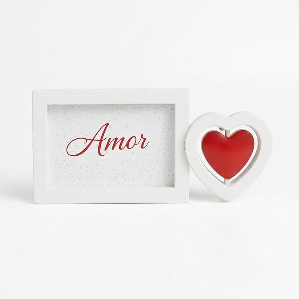 Porta Retrato de Mesa Coração Giratório Branco e Vermelho 10x15 Decoração com Amor para Presente de Namorados e Dia das Mães