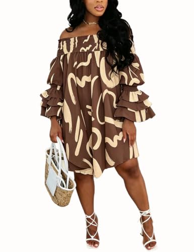 Image of WOKANSE Party Dresses for Women Off Shoulder Layered Flare Sleeve A line Ruched Plus Size Midi Summer Dress