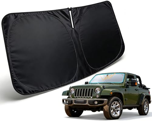Image of Windshield Sun Shade for 1997-2017 Jeep Wrangler JK JKU Accessories | Car Front Window Sun Visor & Heat Shield | 420D Sunshade Protection Blocks UV Rays Keep Your Car Cooler