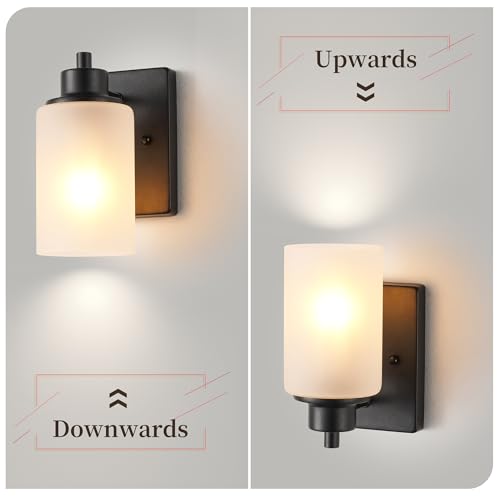 Image of 2-Pack Bath Vanity Light Fixture 1-Light, Indoor Farmhouse Bathroom Wall Sconces Lights for Living Room, Porch, Bedside, Black Finish with White Frosted Glass Shades Wall Mounted Lights