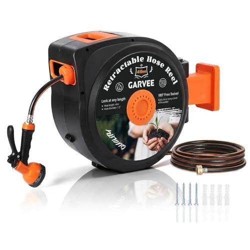 Garvee Carrete de Manguera Retráctil Automático 40 m con Soporte de Pared, Manguera PVC 1/2' y 10 Boquillas, Racores de Latón, 8 bares, Carcasa PP Reforzada Anti-UV, Ideal para Riego de Jardín, Negro