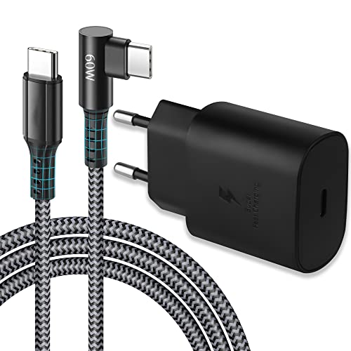 Chargeur USB C 25 W-adaptateur Secteur USB C Chargeur Rapide pour Samsung Galaxy S22/S21 Ultra/S21+/Z Flip 3/Z Fold 3 5G/S20/Note20/20 Ultra/S10/S8, Câble de Charge USB C 2M vers USB C Câble 90 Degrés