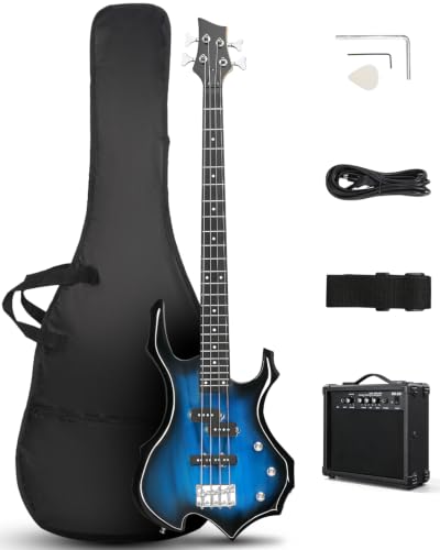 Ktaxon Electric Bass Guitar Full Size Flame Design Bass Guitar Kit(Blue)