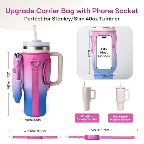Image of linmaya Water Bottle Carrier Bag with Phone Pocket for Stanley Cup 40 /30oz,Insulated Neoprene Water Bottle Holder Cross-boday Bag with Adjustable Shoulder & Handheld Strap Stanley Cup Accessories