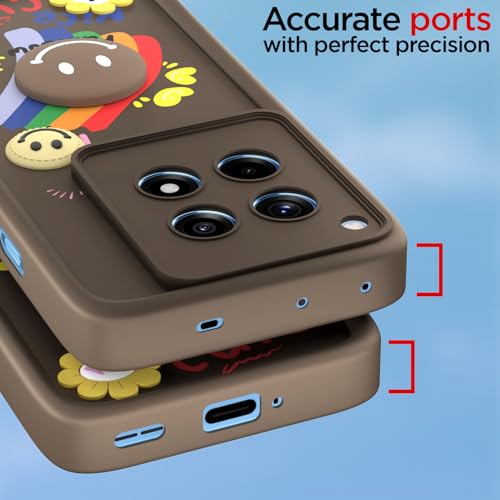 Image of Pikkme Back Cover for OnePlus 12R 5G | Soft Silicone| Cute Rainbow Smile & 3D Cartoon Flower Design | Shockproof Raised Camera Protection Bumper Case (Brown)