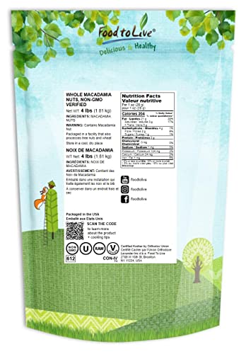 Whole Macadamia Nuts, 4 Pounds – Non-Gmo Verified, Raw, Unsalted, Unroasted, Keto Friendly, Kosher, Vegan, Bulk, Great As Snack And For Baking, Good Source Of Manganese, Thiamin, And Copper #TOP1