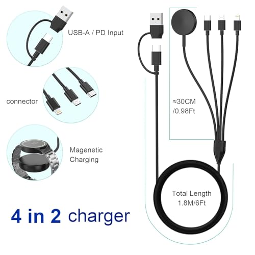 Image of BESTOR Universal 4-in-2 USB-A /PD Input Charging Cable with Smart Watches, 8 Pin, USB Type C, Micro USB and Magnetic Connectors for fast charging, 20W Fast PD Multi Charging Cable (1.2 /6ft)