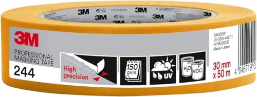 3M Ruban de Masquage Professionnel 244 Haute Précision - 1 Rouleau, 30 mm x 50 m - Surfaces Universelles, Résistant aux UV et à l'Eau, Usage Intérieur et Extérieur