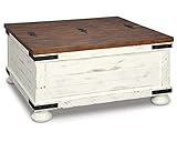 Signature Design by Ashley Wystfield Farmhouse Square Storage Coffee Table with Hinged Lift Top, Distressed White