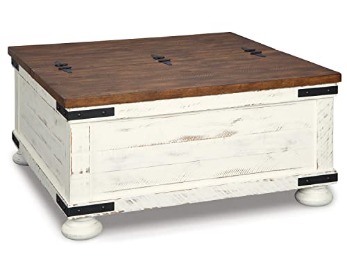 Signature Design by Ashley Wystfield Farmhouse Square Storage Coffee Table with Hinged Lift Top, Distressed White