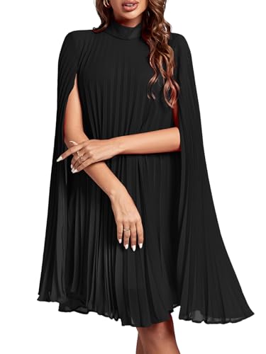 Rooscier Women's Mock Neck Cloak Sleeve Pleated Keyhole Back Flowy Party Midi Dress New Black Small