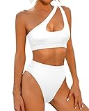 Holipick Women's One Shoulder High Waisted Cheeky Bikini Set Two Piece Swimsuits Cut Out Bathing Suit Sport Swimwear L White