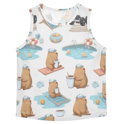 Bolaz Boys Athletic Quick Dry Tank Top Sleeveless Workout T Shirts Age 11-15,Cute Capybara Coffee Cup