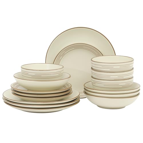 Image of Gibson Home Chiswick House 16-Piece Stoneware Dinnerware Set, Round Plates and Bowls Set for 4, White with Wax Relief Embossed Rim Detail, Dishwasher Safe - Dinner Plate, Salad Plate & Cereal Bowl