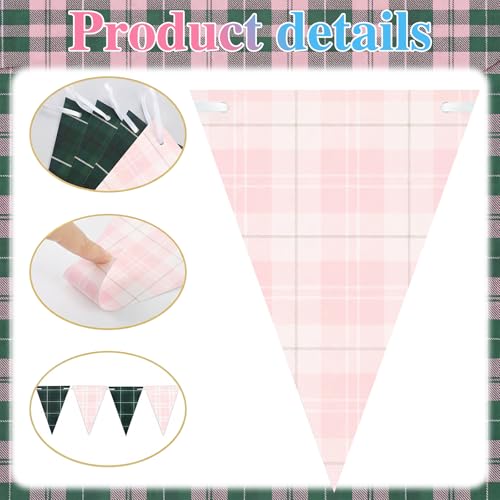 Weekgrat 3 Strings Total in 30 ft Pink and Green Tartan Plaid Baby Shower Party Hanging Decoration Garland Gingham Pennant Banner Triangle Flags for Gender Reveal Birthday Picnic Tea Party Decor — view 3