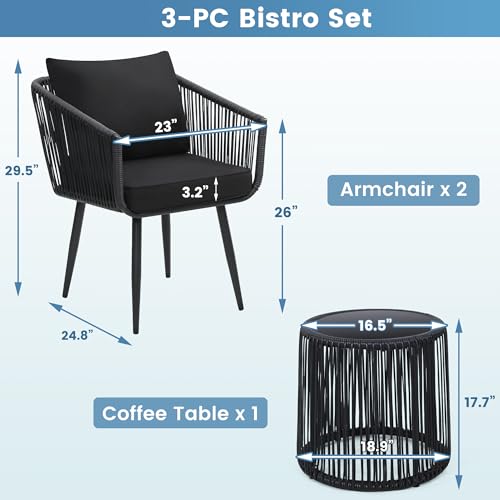 Image of Kromax 3-Piece Patio Rattan Bistro Conversation Set, Black | Outdoor All-Weather Wicker Furniture Chairs and Side Table Set, Ideal for Balcony, Porch and Backyard