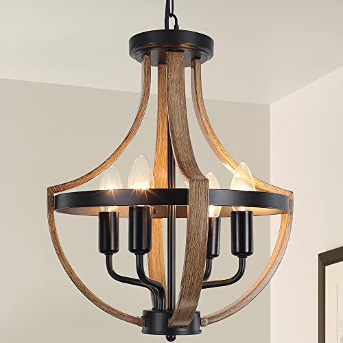 Heircido Farmhouse Light Fixtures Chandeliers, Geometric Hanging Pendant Light Fixtures, Retro Wood Texture Ceiling Light Fixture For Dinning Room Kitchen Island Entryway-4 Lights #TOP8