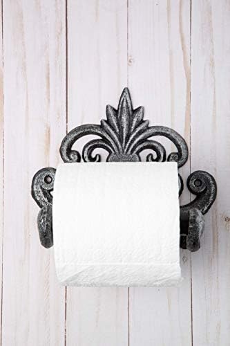 Fleur De Lis Cast Iron Toilet Paper Roll holder - Cast Iron Wall Mounted Toilet Tissue Holder - European Vintage Design - 17.2 x 15.9 x 10.8cm - With Screws And Anchors by Comfify - Silver with Black
