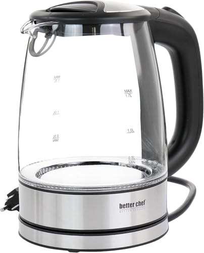 Better Chef Cordless Electric Glass Kettle | 7-Cup Borosilicate Glass | Stainless Steel | LED Light | 360-deg Swivel Base | Auto Boil-Dry Shut-Off