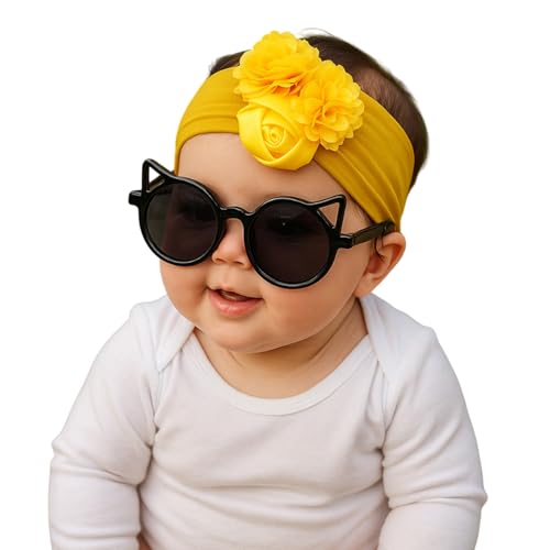 Image of SYGA Baby Rose Flower Stretchable Headband With Uv Protection Cat Type Sunglasses Stylish Combo For Toddlers And Kids (Yellow, Black)