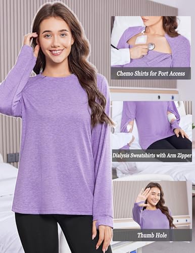 Deyeek Chemo Shirts for Port Access Women Long Sleeve Shoulder Post Surgery Shirt Dialysis Sweatshirts with Arm Zipper2