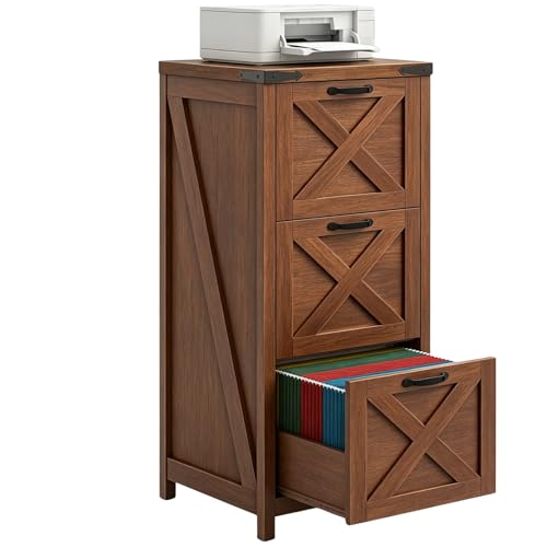 Halitaa 3 Drawer Tall File Cabinet, Farmhouse Vertical Filing Cabinet Fits Letter/A4 Size, Wood File Cabinets Printer Stand for Home Office, Living Room, Classic Walnut