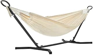 SONGMICS Hammock with Stand, 210 x 150 cm Hammock, 5 Adjustable Heights, Portable Hammock with Metal Frame, Load Capacity 240 kg, Patio, Garden, Yard, Black Stand and Beige Hammock GHS001M01