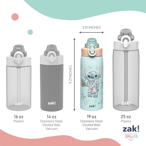 Zak Designs Disney Sage Kids Water Bottle For School or Travel, 19oz Stainless Steel Water Bottle With Straw, Handle, and Leak-Proof, Pop-Up Spout Cover (Stitch)