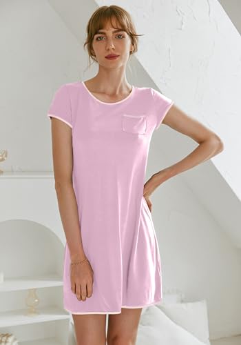 Image of Ekouaer Womens Nightgown Sleep Shirt Dress Satin Patchwork Short Sleeve Sleepwear with Pocket