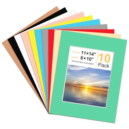 Phinus 10 Pack Picture Mats for Frames, Acid Free 11x14 Matted to 8x10, Picture Frame Mats for Pictures, Watercolor, Artwork and Prints (Colorful)