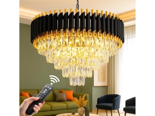 Image of Modern Black & Gold Crystal Moving Chandelier, 600mm (60 Cm. (23.6 Inch) Round LED Pendant Light with Remote Control, Multicolour changing ,Luxury Contemporary Ceiling Light Fixture For decoration A