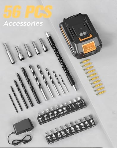 Cordless Drill, 20V MAX Power Drill Set with 2.0Ah Power Pack & Charger, 3/8 Inch Keyless Chuck, Variable Speed, 25+1 Position and 56PCS Bits/Screws, Power Tools for Home Projects