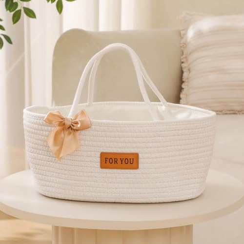 Image of Mothers Day Gift Basket Empty Woven Basket with Bowbie Greeting Cards Ribbon Gift Bag Set, Cotton Rope Storage Baskets With Handle For Baby Belongs Toy Storage Basket Party Holiday Shower Gifts Box