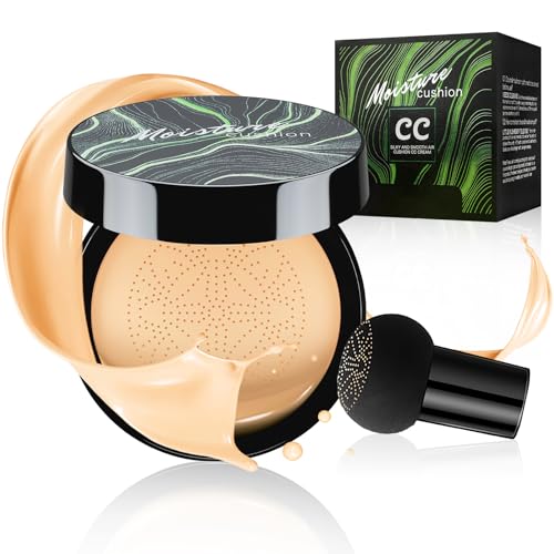 Mushroom Head Air Cushion CC Cream Foundation - Moisturizing & Long-Lasting BB Cream Concealer Makeup Base for All Skin Types, Brighten Long - Lasting Even Color Correcting Concealer (Buff Beige)