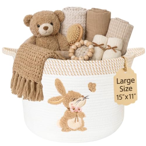 Image of Bunny Baby Storage Basket, Woven Cotton Rope Nursery Bin, 15x11 in | Stuffed Animal and Blanket Storage, Embroidered Bunny Patch, Neutral Nursery Decor, Baby Shower, Playroom Organizer