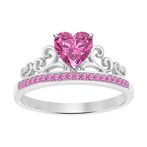 Tiara Princess Promise Heart Crown Ring Pink Sapphire 14k White Gold Plated for Women's.