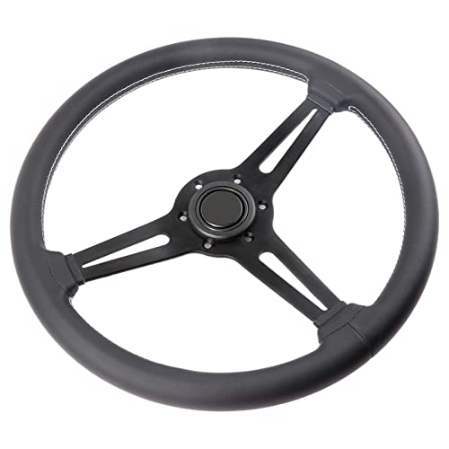 Universal Flat Drift 6 Bolts Steering Wheel Wrapped Genuine Leather with White Stitching 14 inch Racing Sport Steering Wheel Black Spokes