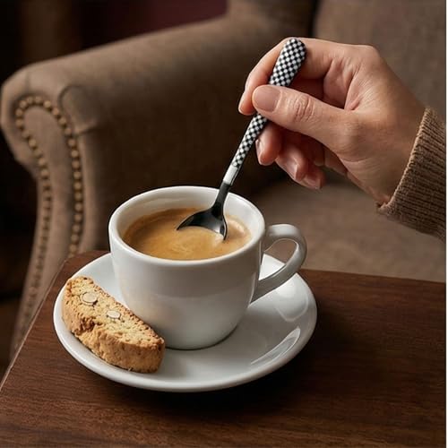 Image of Dinner Spoon Set of 5 ? 8.1 inch Charcoal Black Finish Tablespoons with Checks Printed Handle, Durable Stainless Steel & Dishwasher Safe Silverware for Home, Restaurant, and Gifting
