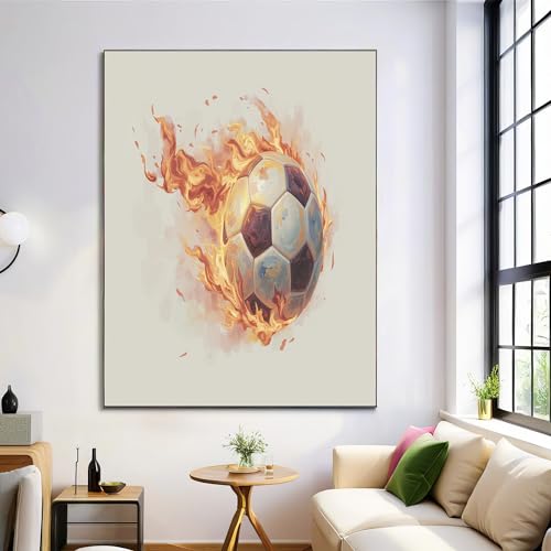 Cuadros de decoración para dormitorios grandes con diseño de fútbol fuego en naranja