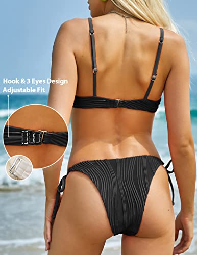 ZAFUL Women's Bikini Sets Ribbed Two Piece Swimsuits Underwire Adjustable Back Clasp Bathing Suit Side Tie Thong Swimwear3