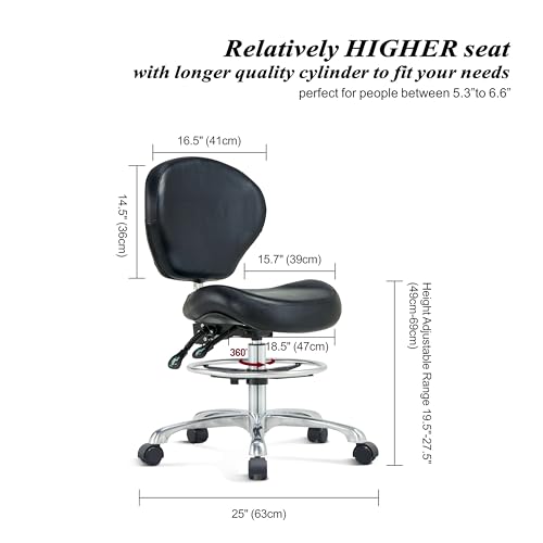 Image of Drafting Stool Rolling Chair with Back Support - Height Adjustable Shop Chair with Wheels for Home Office, Studio (Black)
