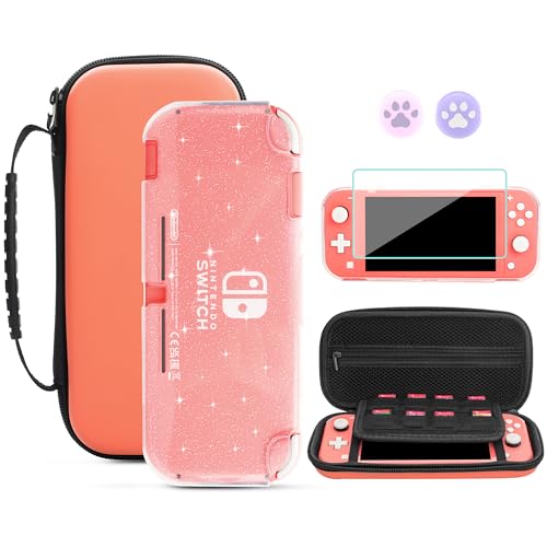 GLDRAM Pink Carrying Case for Nintendo Switch Lite, Portable Travel Case with 8 Game Card Slots, 4 in 1 Accessories Kit with Clear Glitter TPU Protective Shell, Screen Protector and 2 Thumb Grid Caps by GLDRAM - Used condition - US$18.54