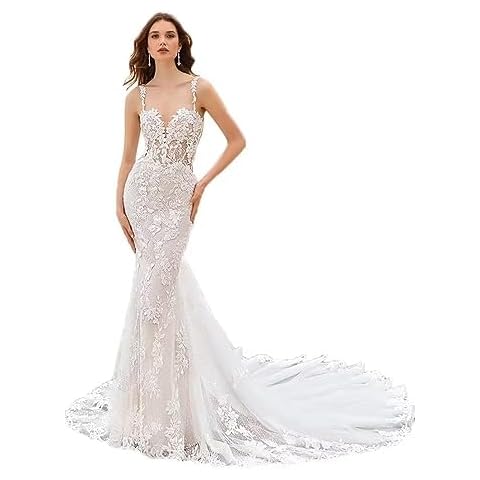 FVUECIY Spaghetti Strap Beach Wedding Dresses for Bride Lace Tulle Long V Neck Wedding Gowns 2024 White 0 Cover