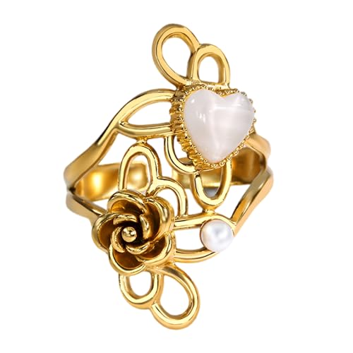 Gissroys Anillos de boda geométricos de acero inoxidable, anillos de citas, forma de flor de corazón, delicadas joyas para los dedos para mujeres, anillos ajustables, como se describe