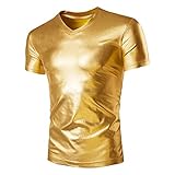 Novia's Choice Men Shiny Metallic Tank Top Short Sleeve T-Shirt Clubwear(Glod 2XL)
