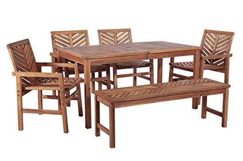 Walker Edison 7 Person Outdoor Wood Chevron Patio Furniture Dining Set Table Chairs Bench All Weather Backyard Conversation Garden Poolside Balcony, 6 Piece, Brown #TOP5