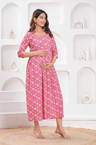Image of The Moon Star Women's Cotton Floral Printed Anarkali Maternity Feeding Kurti | Breastfeeding Dress for Mothers | Zipper Feeding Kurti,Nursing Kurti, Comfortable and Trendy Maternity Wear