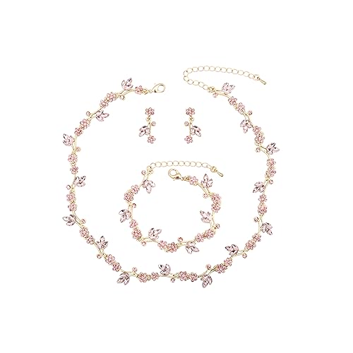 QLLYHLH Brides Bridesmaid Flower Leaf Choker Necklace Dangle Earrings Link Bracelet Austrian Crystal Wedding Jewelry Set for Prom Costume Party Accessories for Woman(Pink-Gold Plated) - Main Image