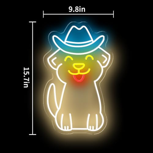 Image of Cowboy Hat Dog Neon Sign, Dimmable LED Neon Sign for Wall, Dog USB Neon Light Up Signs for Bedroom, Beauty Bar, Cowboys Gifts for Women, Ice Blue, Lemon Yellow, Warm White, Red, 9.8X15.7 IN
